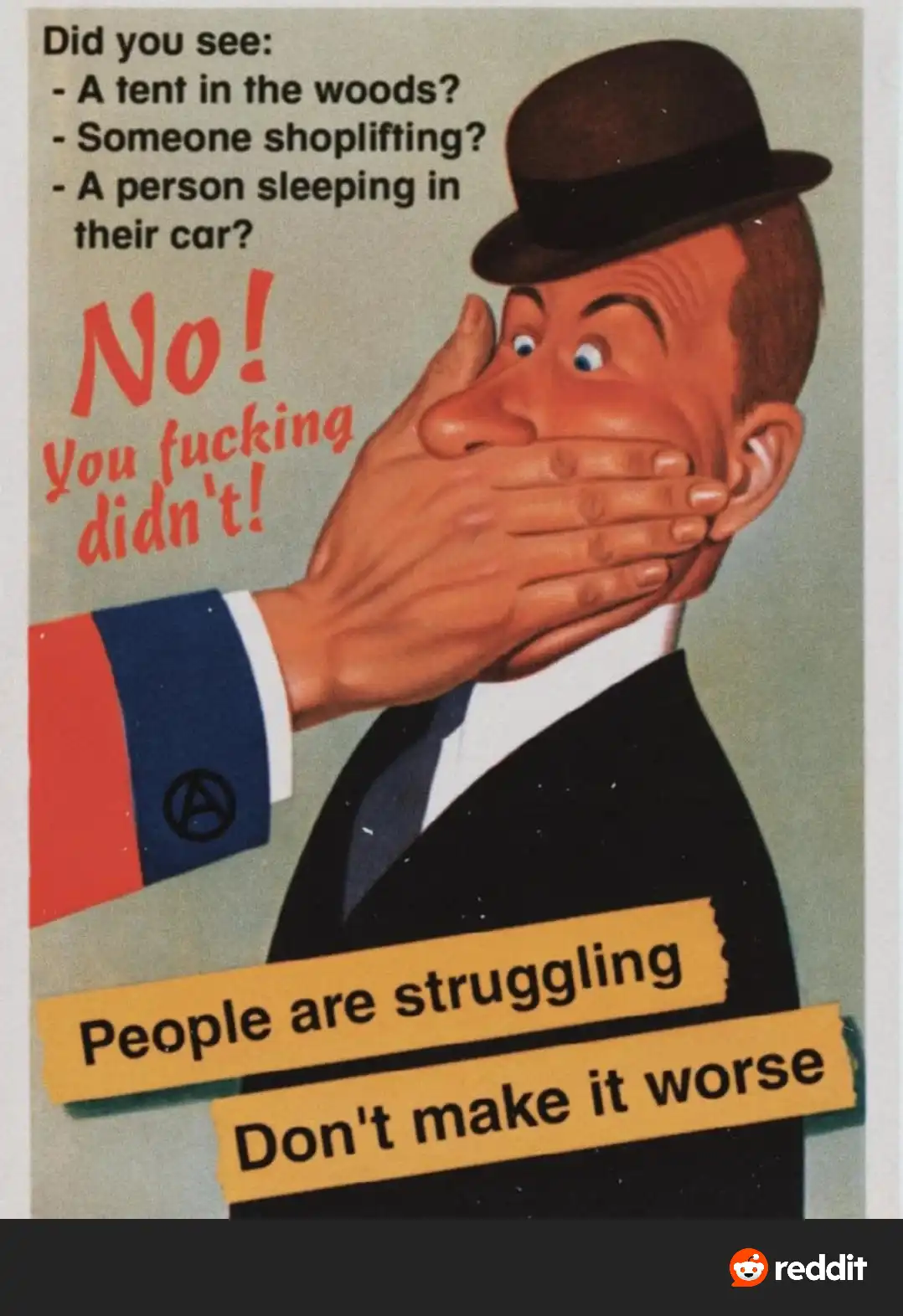 A vintage-style illustration shows a man in a suit and bowler hat with a hand covering his mouth, conveying shock or…