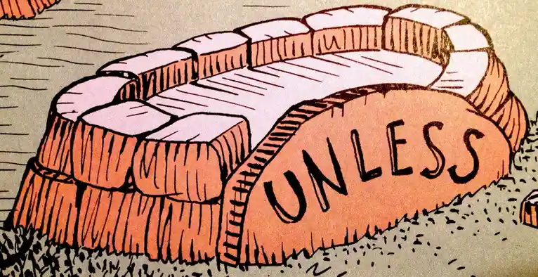 A cartoon illustration shows a stone bridge made of stacked, rounded stones with a large, curved stone at the front…