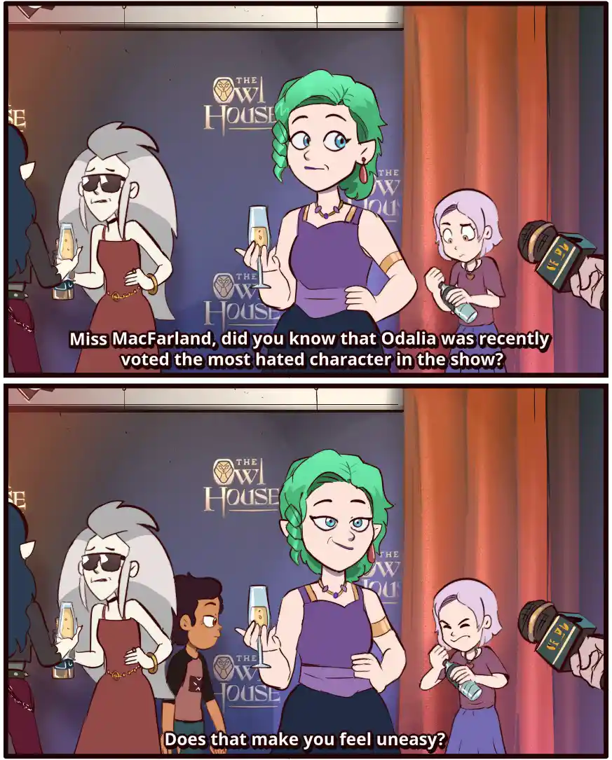 Two panels from The Owl House show a woman with green hair and a purple top holding a champagne flute, being interviewed. In…