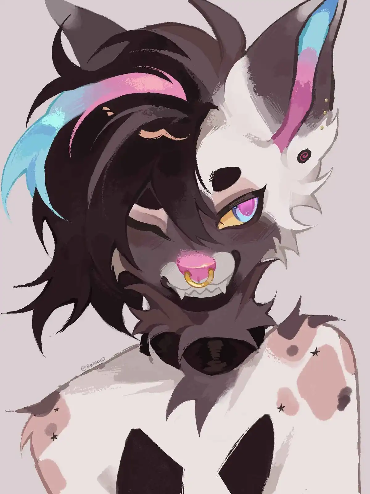 An anime-style illustration of a black-and-white furred anthropomorphic creature with cat-like ears and a dog-like snout…
