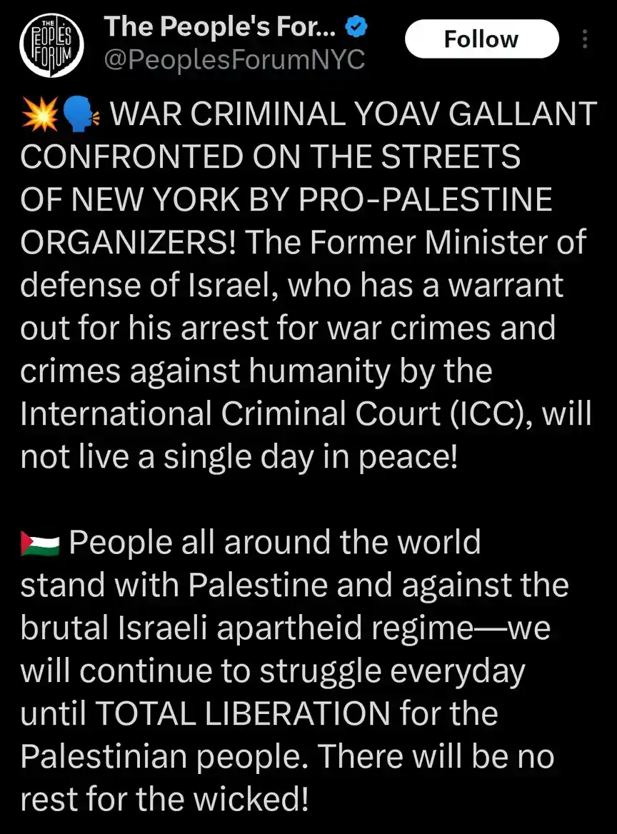 A screenshot of a tweet from 'The People's Forum NYC' with a black background and white text. The text declares that 'war…