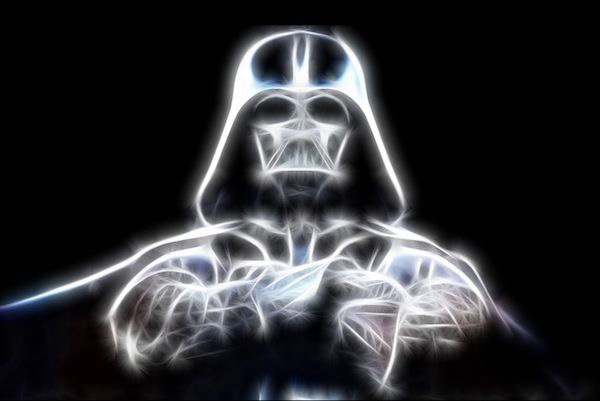 A stylized, glowing white outline of Darth Vader's iconic helmet and upper body against a black background, with the text 'i…