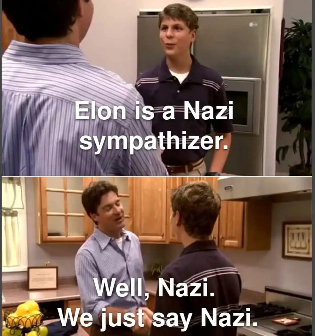 Two-panel meme from the TV show 'That '70s Show'. Top panel: a young man in a dark polo shirt says 'Elon is a Nazi…