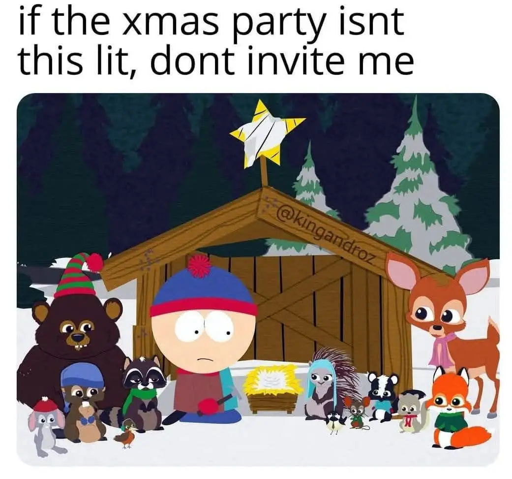 A cartoon image shows a group of South Park characters, including Stan Marsh, gathered around a wooden stable with a star on…