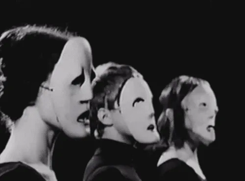 a black-and-white image showing three frames of three women in a row, each progressively revealing more of their faces as…