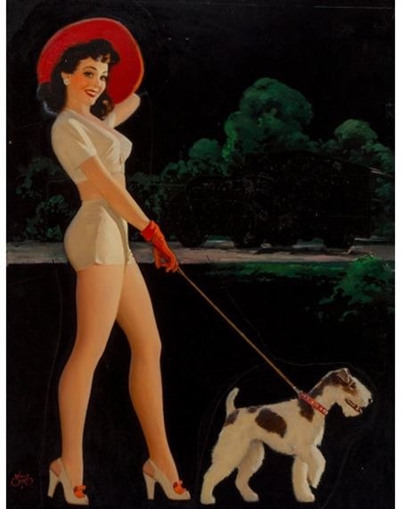 A vintage pin-up style painting shows a woman in a red hat, white outfit, and red gloves walking a small white and brown dog…