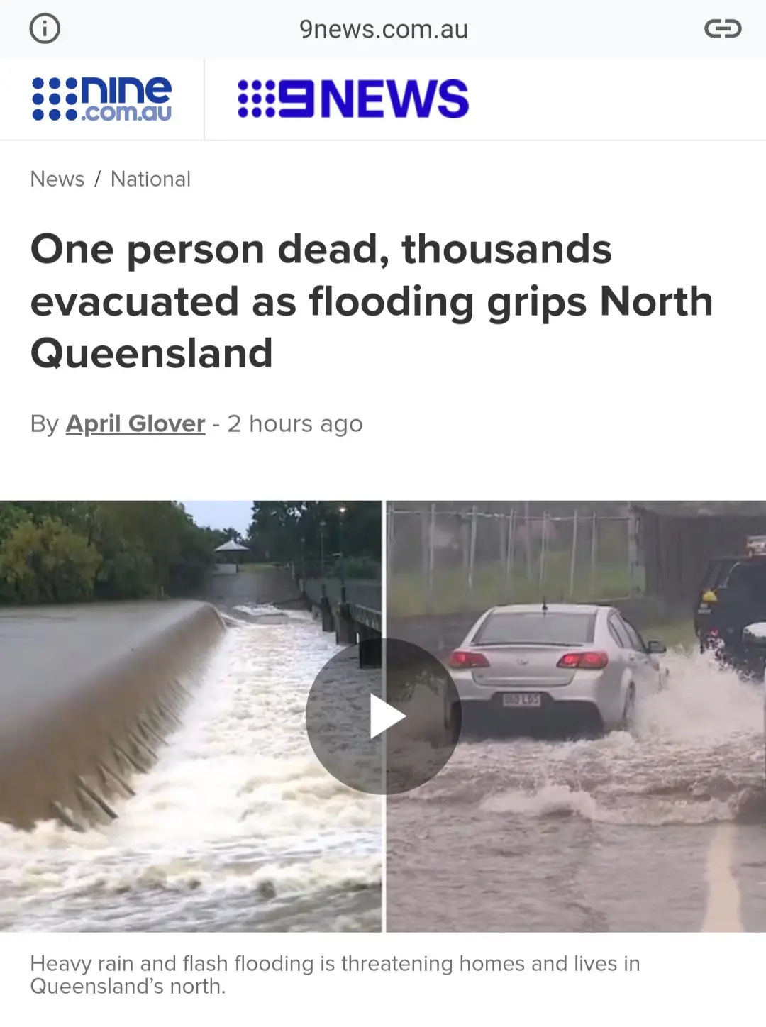 A screenshot of a 9news.com.au article shows a news headline about flooding in North Queensland, with two video thumbnails…