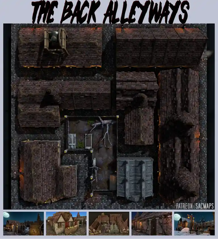 An overhead view of a dark, medieval-style town map titled 'THE BACK ALLEYWAYS' with cobblestone streets, tiled roofs, and a…