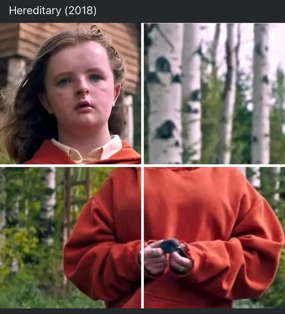 A four-panel image from the 2018 movie 'Hereditary' shows a young girl in an orange hoodie looking upward with a serious…