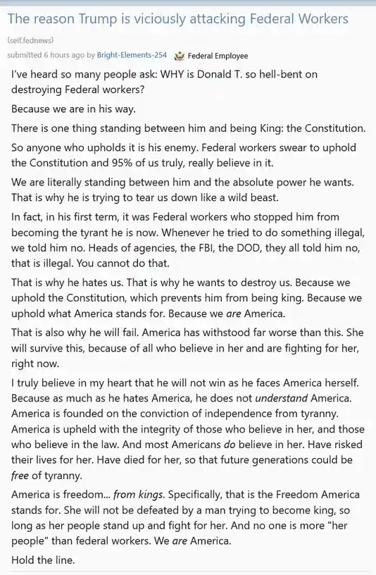 A screenshot of a Reddit post from the 'fednews' subreddit, submitted by a user identifying as a 'Federal Employee'. The…
