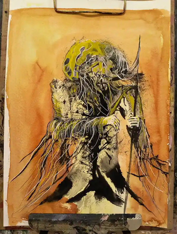 A watercolor painting on paper depicts a hunched, demonic-looking figure with horns, wild hair, and a staff, rendered in…