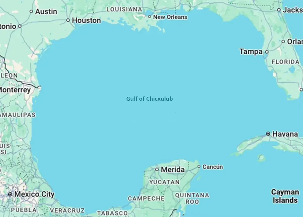 A map of the Gulf of Mexico region with the label 'Gulf of Chicxulub' overlaid in the center of the gulf, surrounded by…