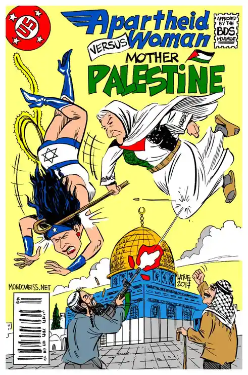 A comic book cover parody depicts a woman in a blue and white outfit with a Star of David on her chest, labeled 'Apartheid…
