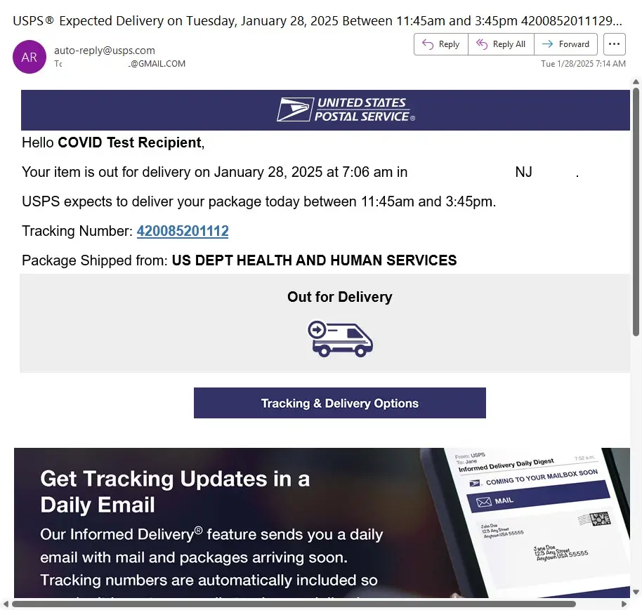 A screenshot of a fake USPS email notification, styled to look authentic, falsely claims a COVID test package is 'out for…