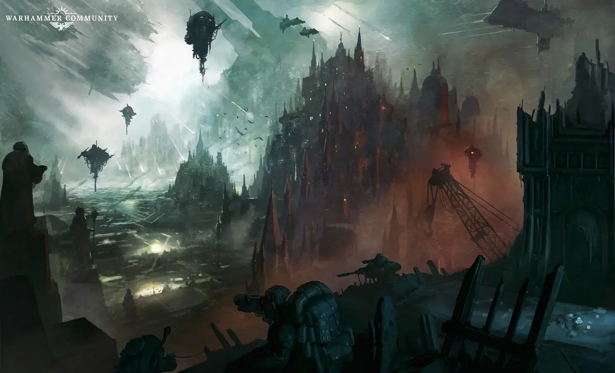 A dark, dystopian Warhammer 40k scene shows armored soldiers overlooking a ruined cityscape with flying warships and…