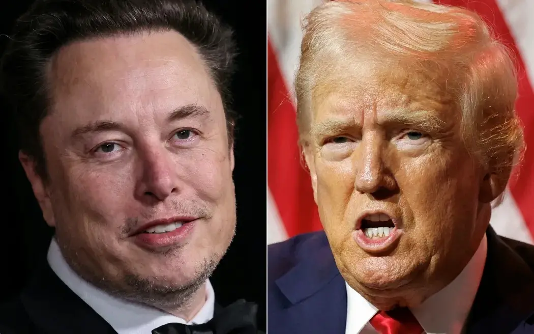 The image is a side-by-side split of two men: on the left, Elon Musk with a calm, slightly smiling expression wearing a…
