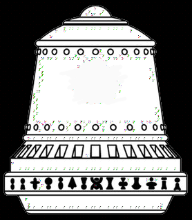 A black-and-white line drawing of a large, ornate bell with decorative bands and a domed top. Overlaid text in a simple…