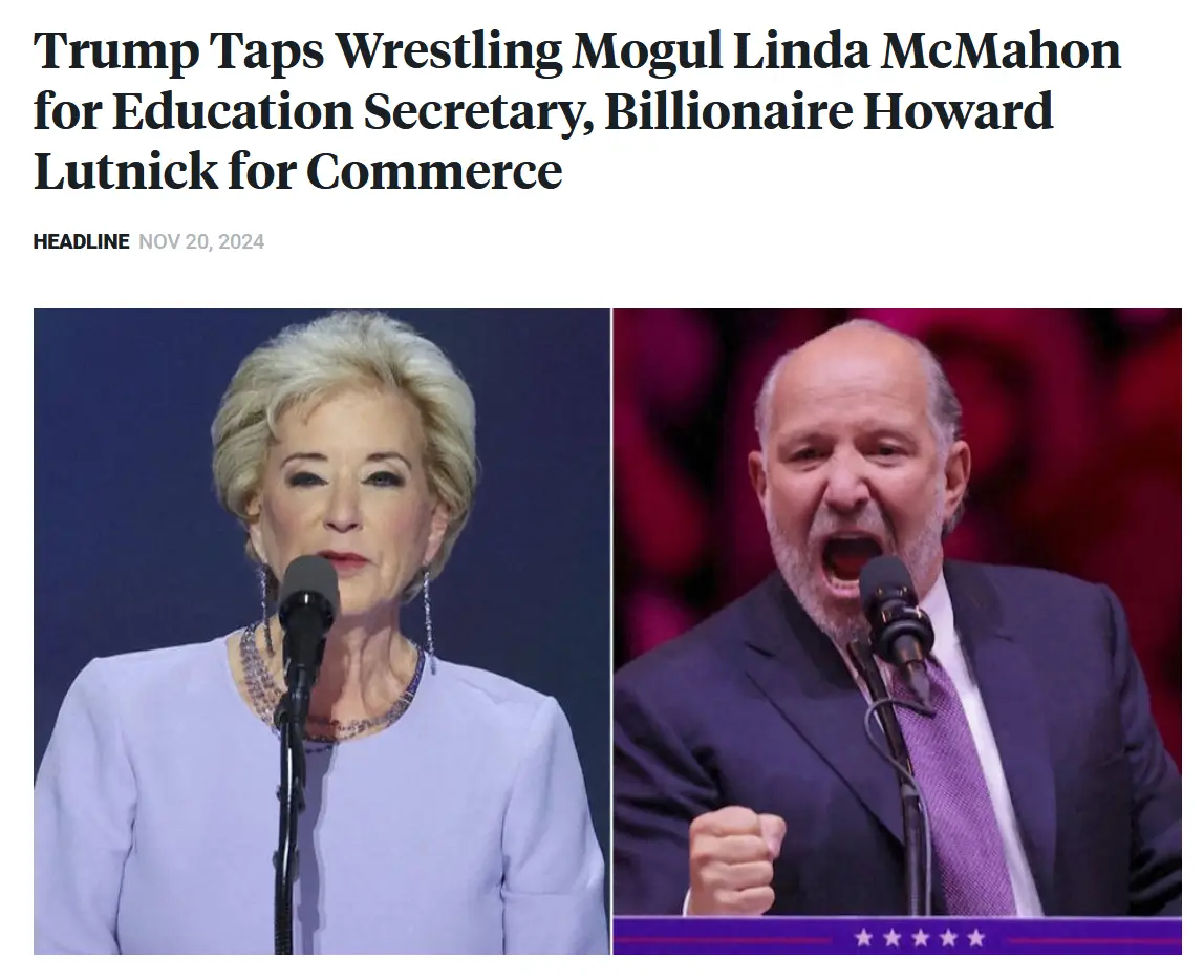 The image displays a newspaper-style headline dated November 20, 2024, announcing Trump's appointments. Below, two…