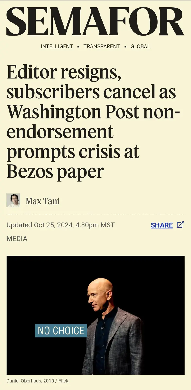 The image displays a mock news article from 'SEMAFOR' with the headline 'Editor resigns, subscribers cancel as Washington…