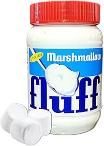 A white plastic jar with a red lid labeled 'Marshmallow fluff' in large blue letters, featuring an image of the creamy white…