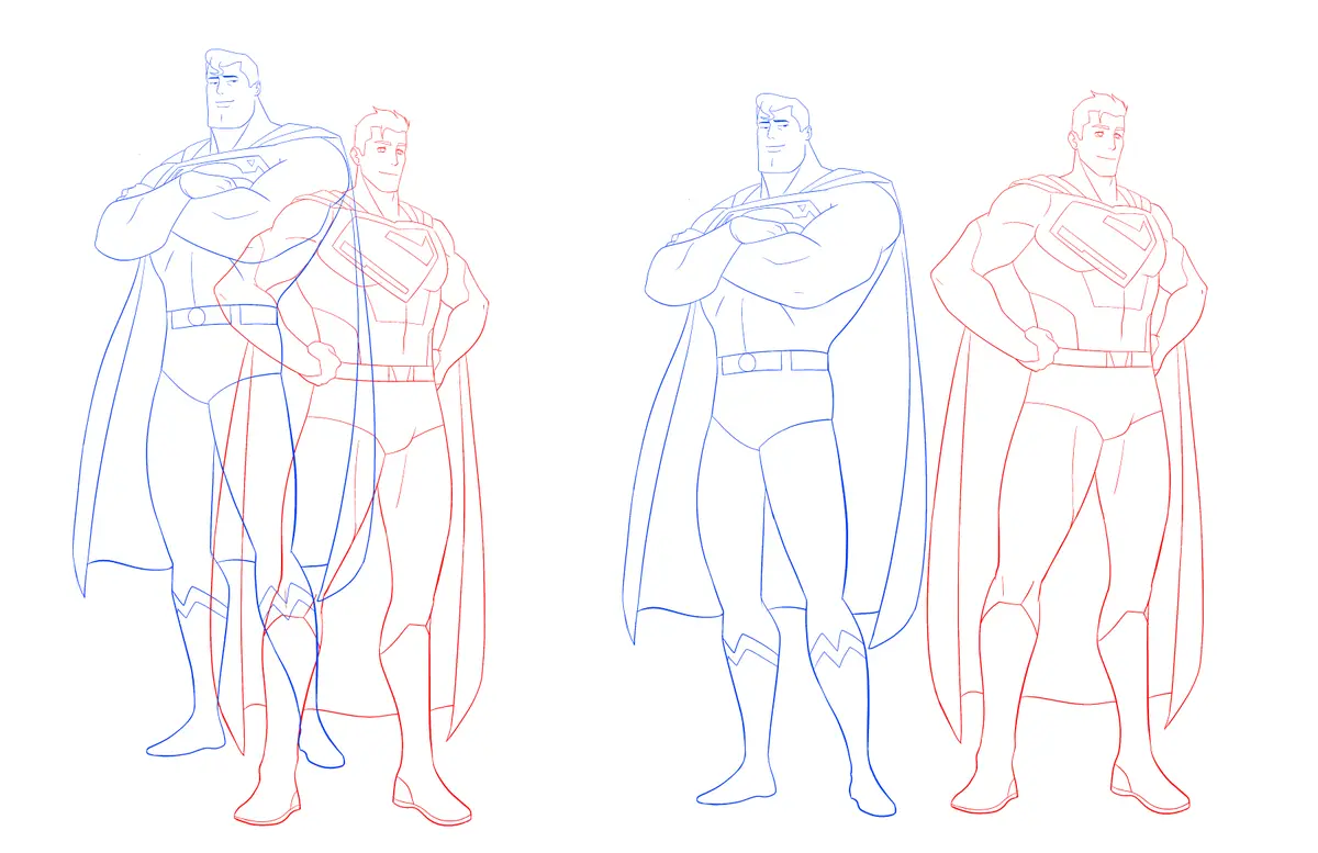 The image displays four outlined drawings of Superman, two in blue and two in red, arranged in two pairs. Each pair shows a…