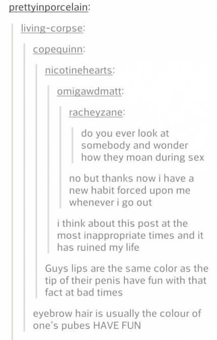 A screenshot of a Reddit thread where users discuss odd bodily comparisons, such as lips matching penis tips and eyebrow…