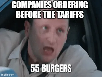 A six-panel meme grid featuring a man in a car looking increasingly alarmed as he orders large quantities of fast food items…