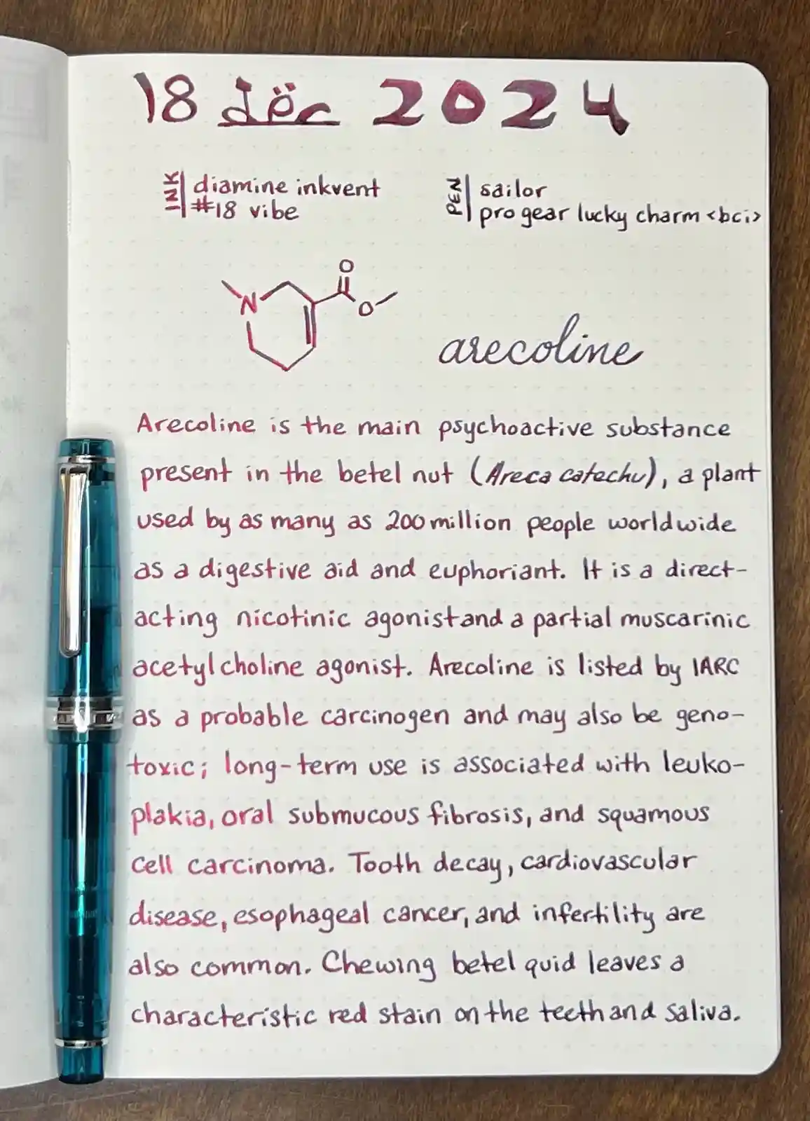 A notebook page dated '18 dec 2024' shows a handwritten chemical structure and description of arecoline, the psychoactive…