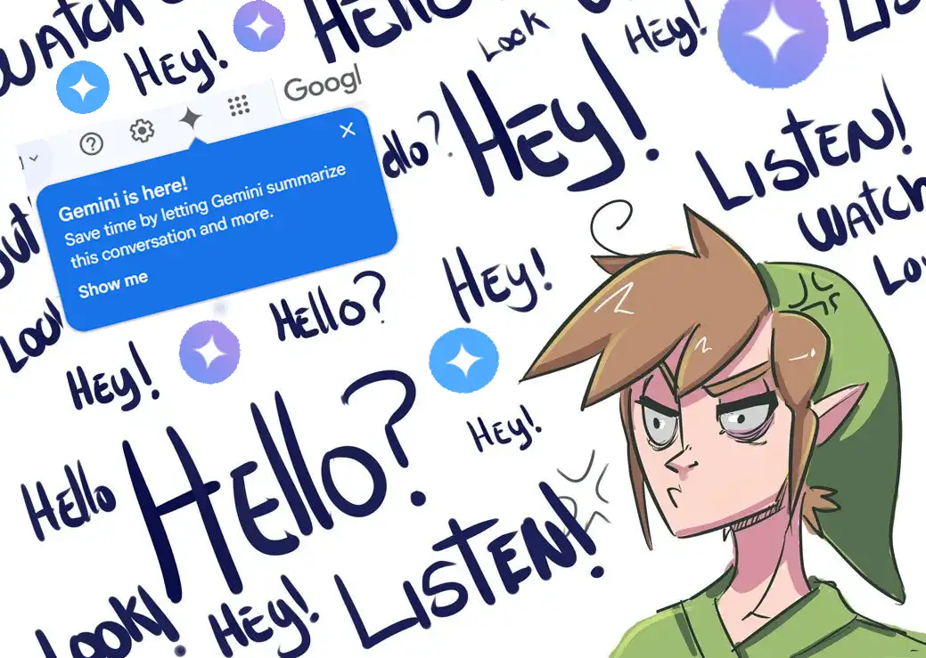 An anime-style illustration of Link from The Legend of Zelda looking annoyed, surrounded by handwritten text like 'Hey!'…