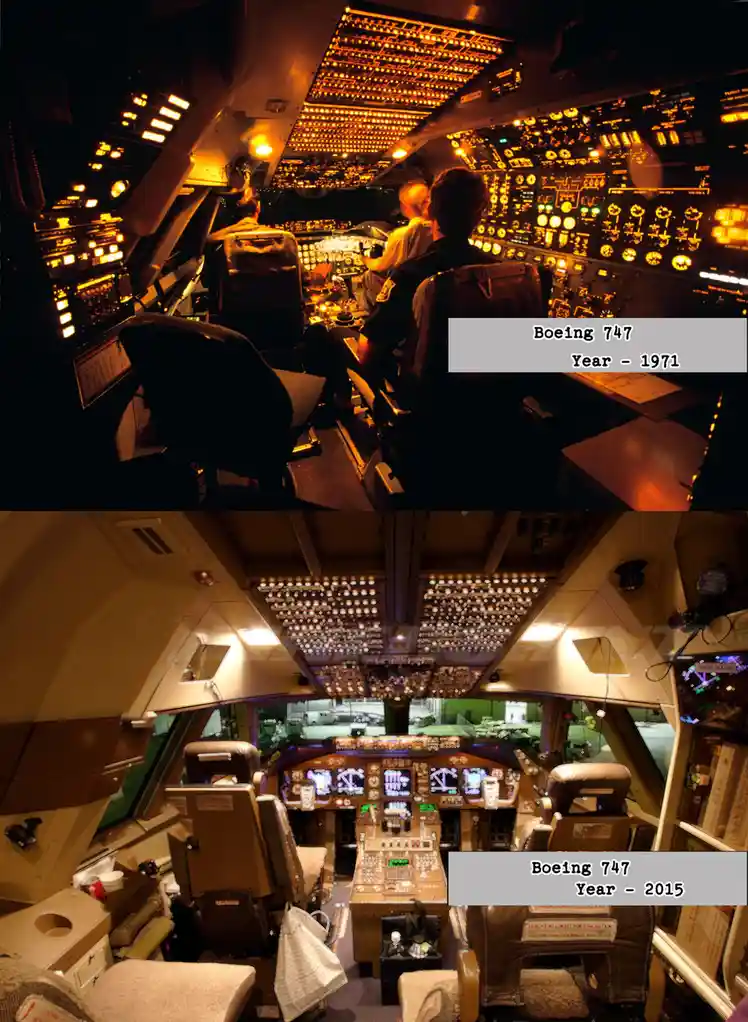 The image displays two side-by-side photos of Boeing 747 cockpit interiors. The top photo, labeled 'Boeing 747 Year - 1971'…