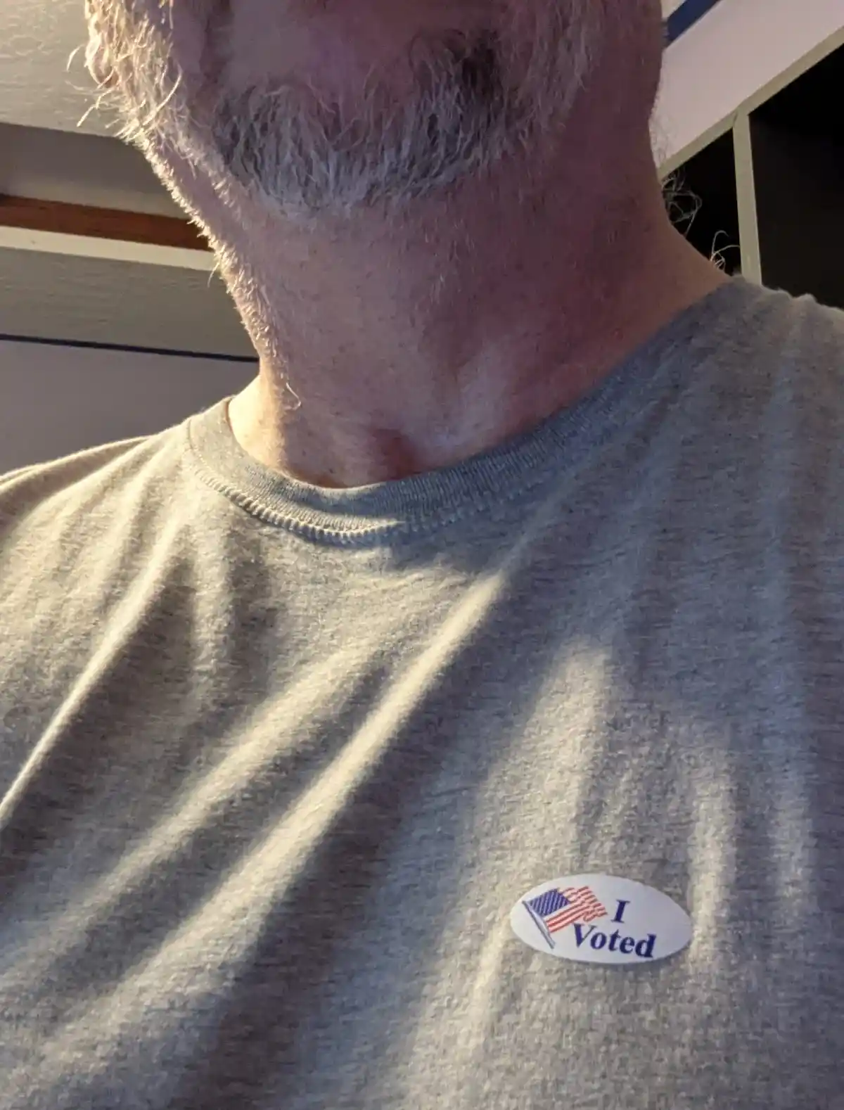 A close-up photo shows the lower face and neck of a man with a gray beard wearing a gray t-shirt. On the shirt, near the…