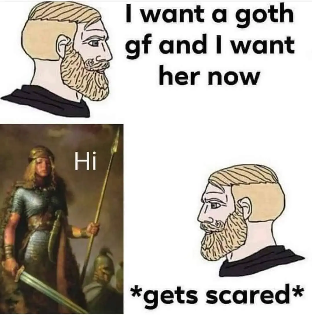 The meme features a split image: top panel shows a cartoon Viking man with text 'I want a goth gf and I want her now'…