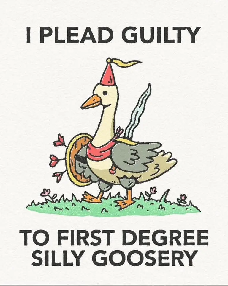 A cartoon goose wearing a red party hat and a red scarf stands on grass, holding a shield pierced by arrows and a sword…