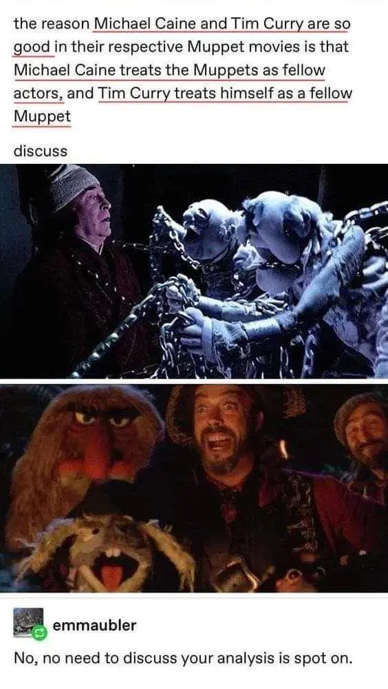 The meme features two images: the top shows Michael Caine looking at chained, puppet-like creatures in a dark scene, while…