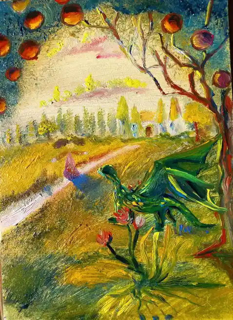 A colorful, textured painting depicts a green dragon standing in a field of yellow grass, looking toward a distant village…