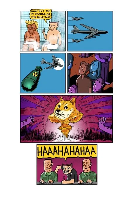 A comic strip shows a man in a bathtub demanding to be put in charge of the military, followed by scenes of fighter jets, a…