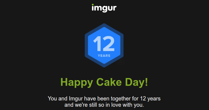 A black background with the Imgur logo at the top. Centered is a blue hexagon with the number 12 and the word 'YEARS' below…