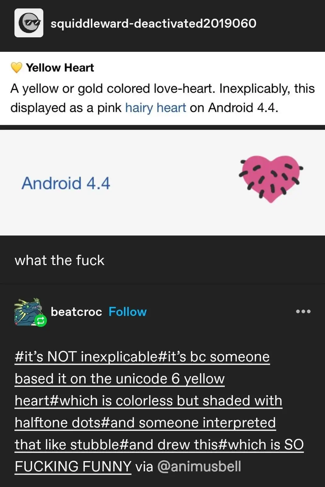 A screenshot of a social media post showing a yellow heart emoji displayed as a pink hairy heart on Android 4.4, with a…