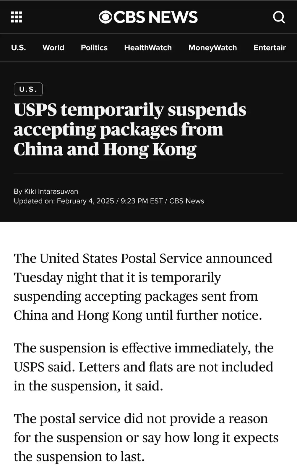 A screenshot of a CBS News article with a black header and white text, reporting that the USPS temporarily suspends…