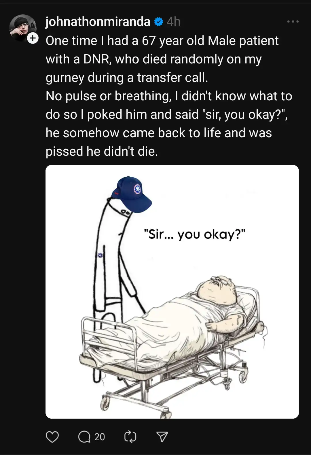 A cartoon depicts a stick-figure paramedic in a blue cap and uniform leaning over a gurney with a large, obese patient who…