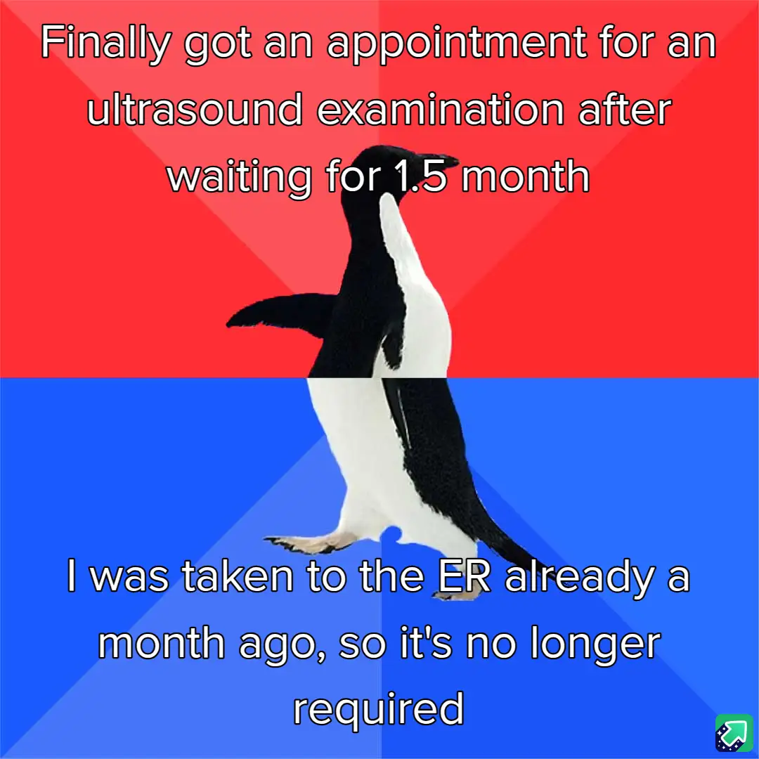 A penguin stands centered against a red and blue background, split horizontally. The top red section reads 'Finally got an…