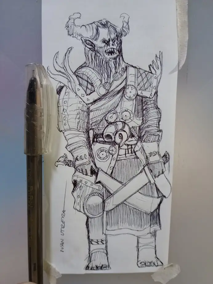 A black-and-white pencil sketch of a horned, bearded, demonic-looking warrior in ornate armor with multiple weapons and…