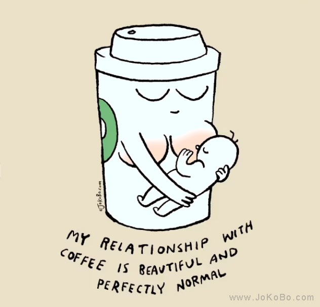 A cartoon coffee cup with a lid and a green circular logo is depicted holding a small baby in its arms, both with closed…