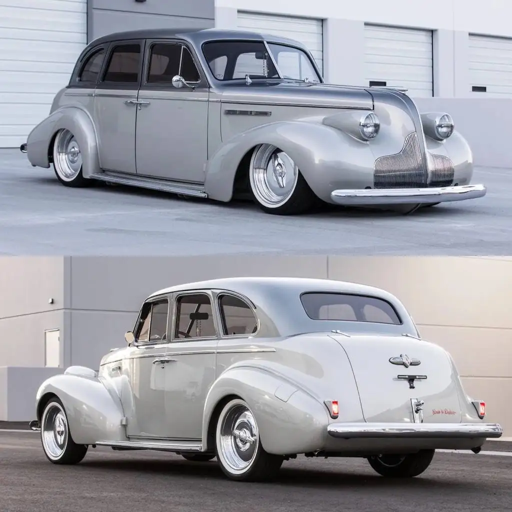 The image displays two views of a silver, vintage lowrider-style car: a front three-quarter view showing its lowered…
