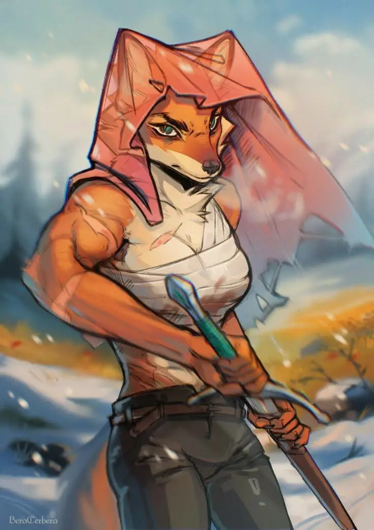 A muscular anthropomorphic fox with green eyes and a red hooded cloak stands in a snowy landscape, holding a sword with both…