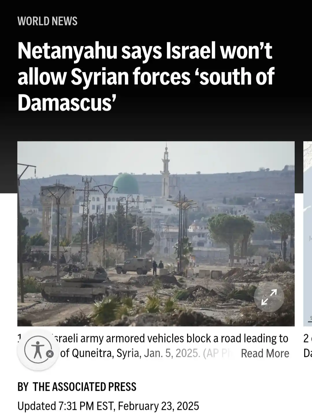 A news screenshot shows a headline about Netanyahu's statement regarding Syrian forces, overlaid on a photo of Israeli…