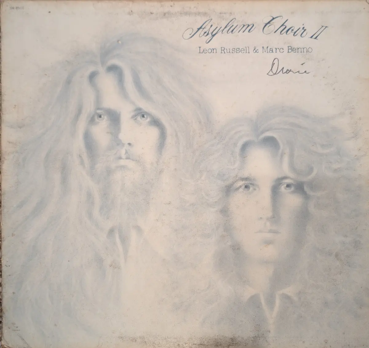 The image shows a vintage, faded album cover with two men depicted in a soft, blue-toned, sketch-like style. The man on the…