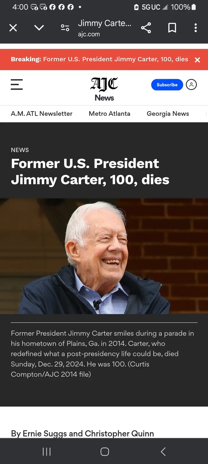 A screenshot of an AJC News article headline announcing the death of former U.S. President Jimmy Carter at age 100…