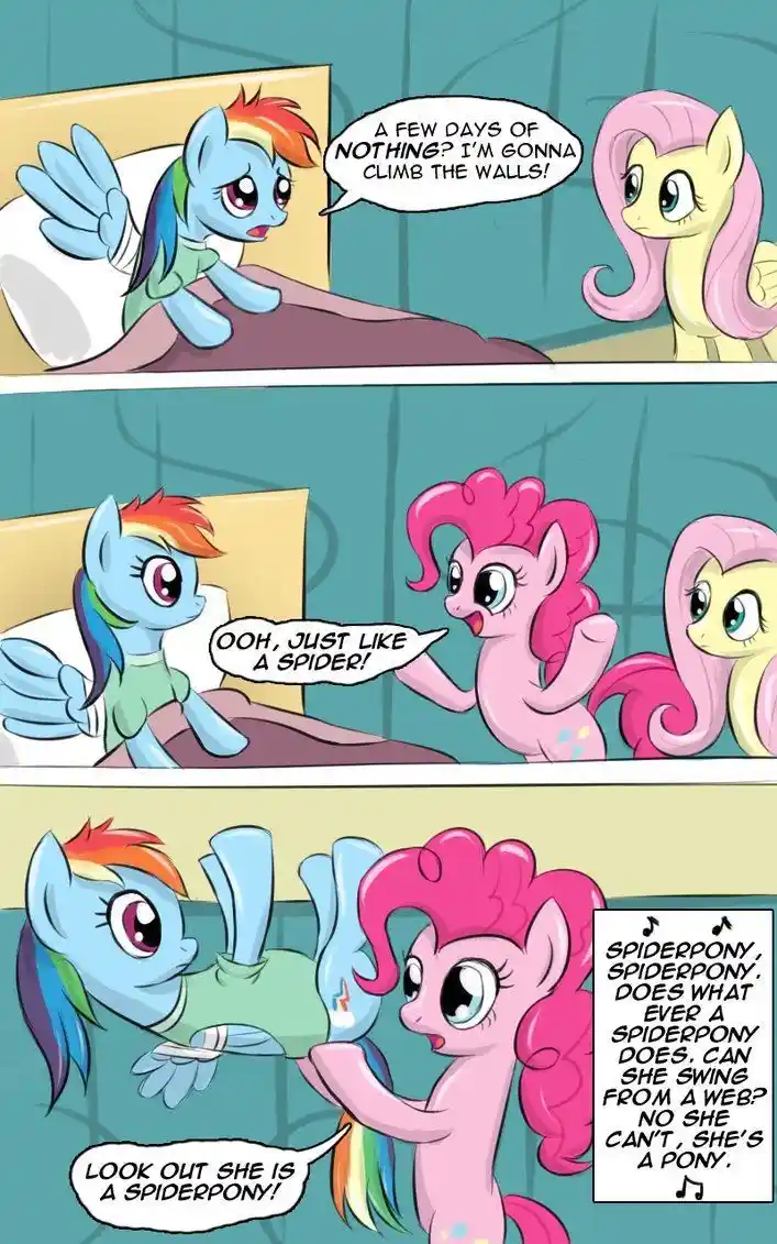 A three-panel comic strip from My Little Pony shows Rainbow Dash frustrated about being idle, exclaiming she'll 'climb the…