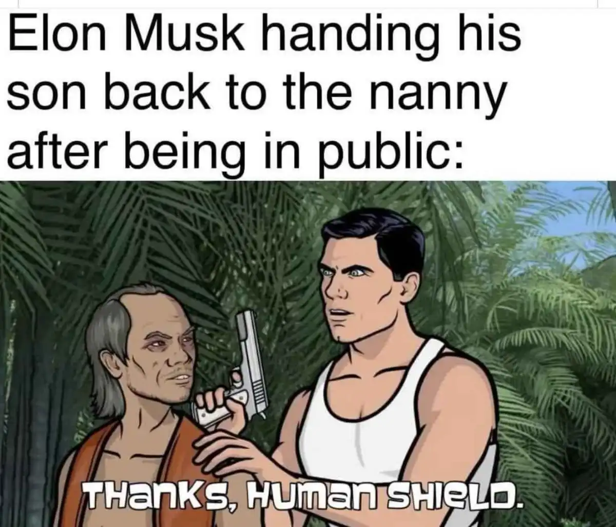 The image shows a cartoon scene with a muscular man in a white tank top holding a gun to the neck of an older man in an…